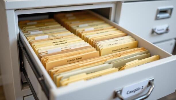 Open filing cabinet drawers contain documents sorted into categories, with tabs and labels ensuring a clean and structured appearance. photo