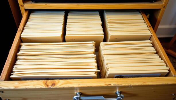Open filing cabinet drawers hold papers stacked evenly, each folder carefully positioned and labeled for optimal efficiency. photo