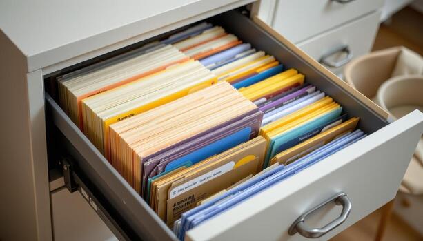 Open filing cabinet drawers showcase organized documents, with evenly stacked folders and dividers maintaining visual order. photo