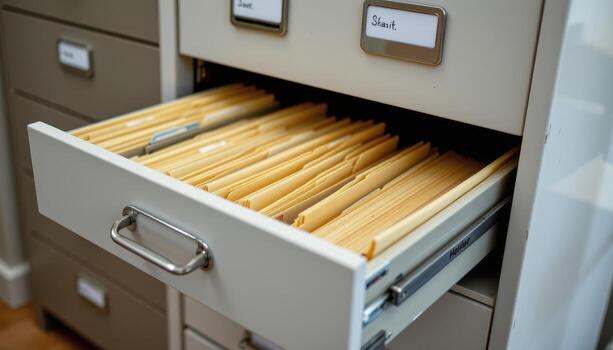 Open filing cabinet drawers hold files sorted meticulously, with labels and tabs ensuring every document is easy to locate. photo