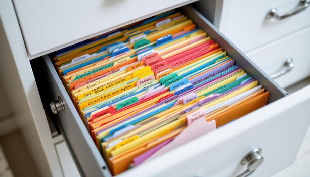 Open filing cabinet drawers contain papers arranged systematically, with color coded labels and tabs guiding every folder. photo