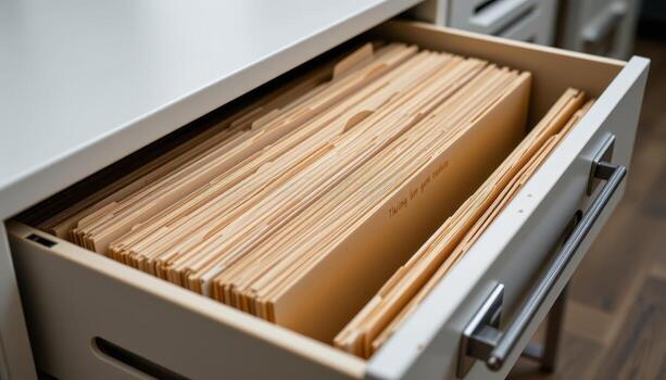 Open filing cabinet drawers reveal neatly aligned papers, each folder positioned with precision and labeled clearly. photo