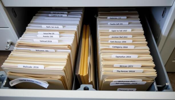 Open filing cabinet drawers display stacked documents organized by category and date, with labeled folders providing structure. photo