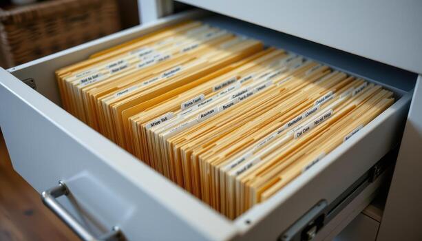 Open filing cabinet drawers showcase files aligned perfectly, each folder labeled and stacked for easy retrieval. photo
