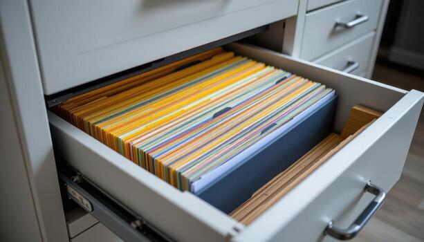 Open filing cabinet drawers display files stacked precisely, each folder aligned and categorized for maximum efficiency. photo