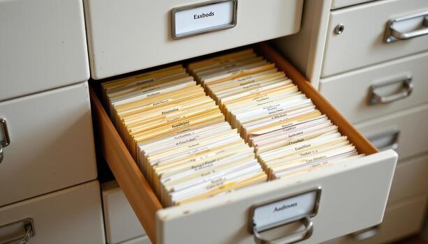 Open filing cabinet drawers reveal neatly stacked papers, with labels and dividers ensuring a structured filing system. photo