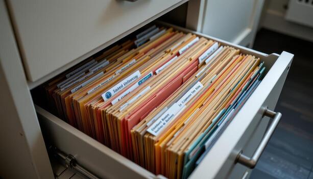 Open filing cabinet drawers hold files arranged by priority and category, each folder carefully positioned and labeled. photo