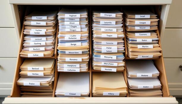 Open filing cabinet drawers contain papers arranged methodically, with labeled folders and evenly spaced stacks maintaining order. photo