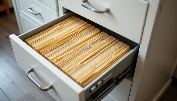 Open filing cabinet drawers hold documents organized by type and date, with folders aligned and labeled clearly. photo