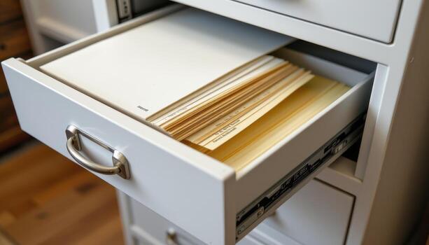 Open filing cabinet drawers display neatly stacked papers, with labels and dividers guiding organization and retrieval. photo