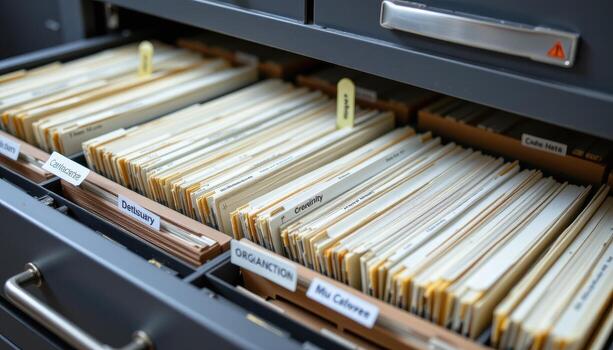 Open filing cabinet drawers showcase files organized by category and priority, with evenly stacked papers and labeled tabs. photo