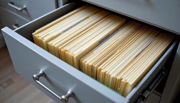 Open filing cabinet drawers reveal documents arranged neatly, with folders aligned precisely and dividers separating categories. photo