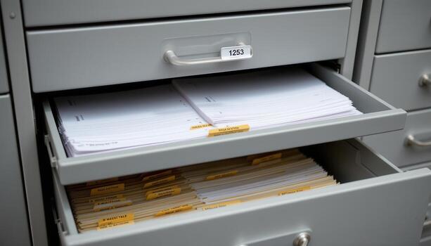 Open filing cabinet drawers display files sorted by type and importance, with labeled tabs and evenly stacked papers. photo