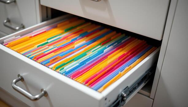 Open filing cabinet drawers reveal files positioned precisely, each folder color coded and labeled for efficiency. photo