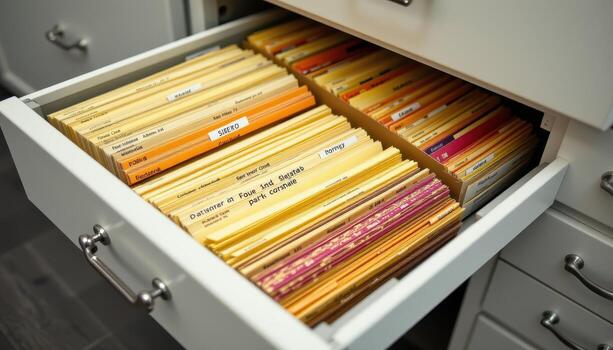 Open filing cabinet drawers contain documents arranged by type and priority, with labeled tabs and dividers providing clarity. photo