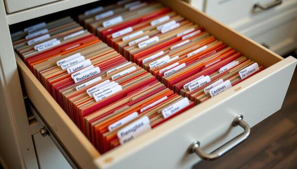 Open filing cabinet drawers contain files arranged methodically, with folders aligned evenly and labeled for clarity. photo