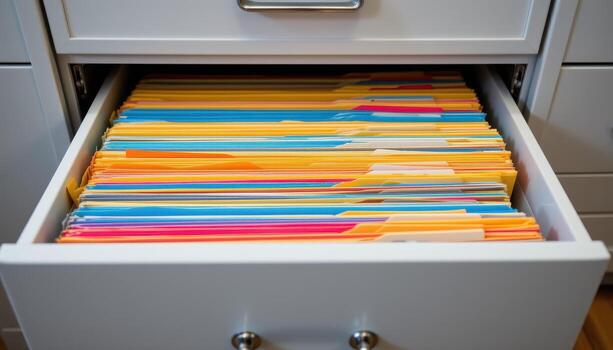 Open filing cabinet drawers reveal neatly aligned papers, with each folder color coded and labeled for easy retrieval. photo