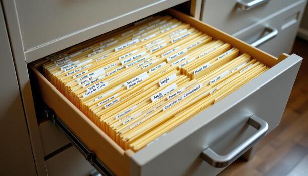 Open filing cabinet drawers hold files sorted by date and category, with dividers and labels maintaining a tidy appearance. photo