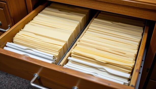 Open filing cabinet drawers reveal files stacked neatly, with folders aligned consistently and documents organized systematically. photo