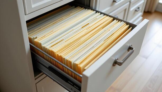 Open filing cabinet drawers hold organized files, with each folder carefully positioned to maintain a tidy and functional workspace. photo