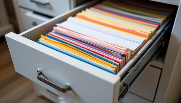 Open filing cabinet drawers hold stacks of paperwork aligned meticulously, with color coded folders keeping every document in its designated place. photo