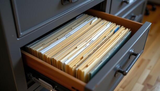 Open filing cabinet drawers showcase orderly files, with papers stacked evenly and folders aligned precisely for visual clarity. photo