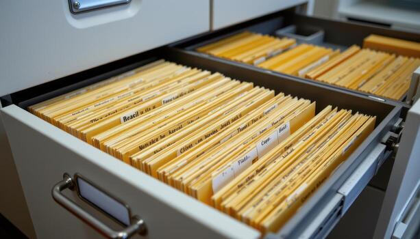 Open filing cabinet drawers display files sorted systematically, with labeled dividers and evenly spaced papers ensuring an orderly workspace. photo