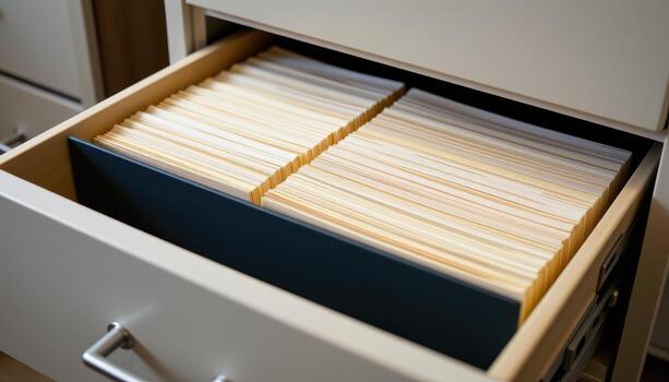 Open filing cabinet drawers hold organized paperwork, each folder aligned and spaced evenly to maintain order. photo
