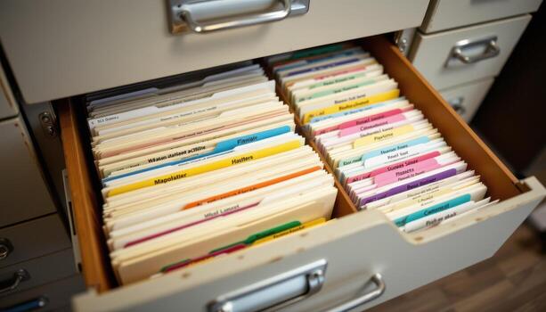 Open filing cabinet drawers reveal documents neatly positioned, with color coded tabs and consistent alignment throughout. photo