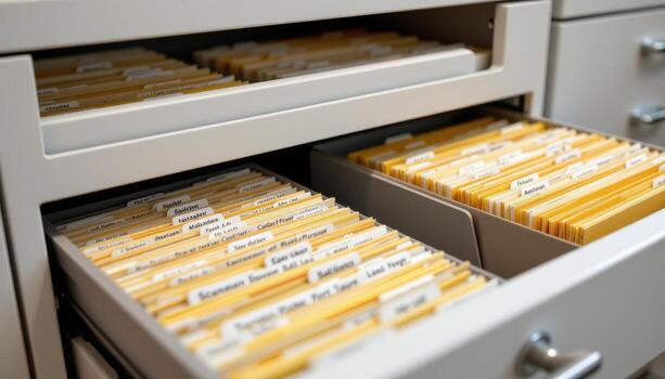 Open filing cabinet drawers display files in perfect alignment, each folder labeled for clarity and organized for ease of access. photo