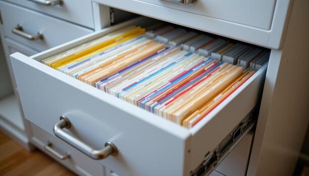 Open filing cabinet drawers hold papers arranged methodically, with clear labels and color coded tabs guiding every folder. photo