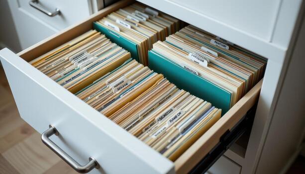 Open filing cabinet drawers hold documents arranged by priority, with each folder carefully labeled and stacked consistently. photo