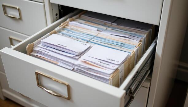 Open filing cabinet drawers display documents stacked in perfect order, with labels and dividers creating a structured system. photo