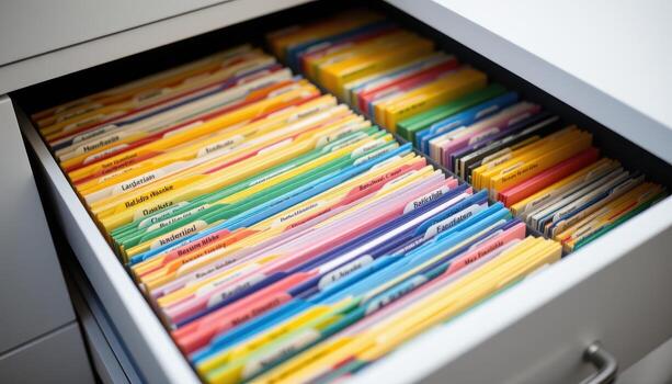 Open filing cabinet drawers display papers arranged methodically, with labeled folders and color coded sections for clarity. photo