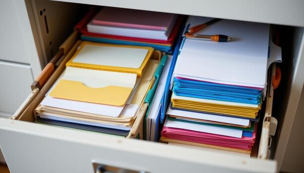 Open filing cabinet drawers showcase neatly arranged papers, with color coded folders and aligned stacks maintaining order. photo