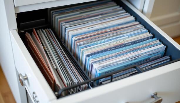 Open filing cabinet drawers reveal papers stacked neatly, with folders aligned perfectly and labeled for clarity. photo