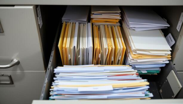 Open filing cabinet drawers showcase organized paperwork, with stacks of documents arranged evenly in labeled folders. photo