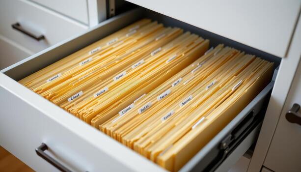 Open filing cabinet drawers contain papers arranged neatly, with each folder labeled and positioned carefully. photo