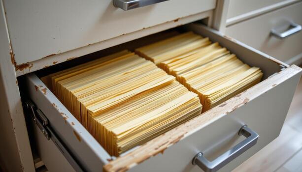 Open filing cabinet drawers contain documents stacked and aligned in an orderly fashion, with clear labels for organization. photo