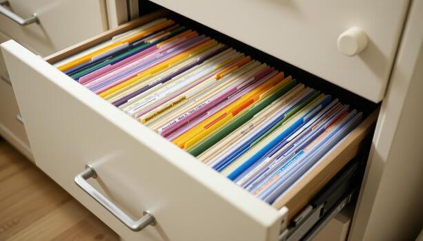 Open filing cabinet drawers reveal neatly organized documents, with folders aligned systematically and color coded for clarity. photo