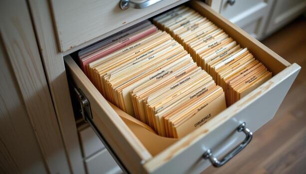 Open filing cabinet drawers reveal organized papers, with folders aligned evenly and labeled consistently. photo