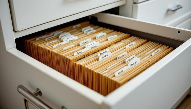 Open filing cabinet drawers contain files stacked evenly, with labeled folders and sorted papers for efficient use. photo