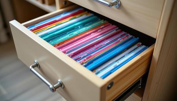 Open filing cabinet drawers showcase neatly organized files, with color coded folders, evenly stacked papers, and clearly labeled tabs ensuring an efficient and structured filing system. photo