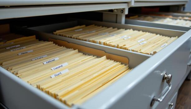Open filing cabinet drawers showcase documents stacked neatly, with labels and dividers maintaining an orderly filing system. photo