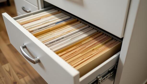 Open filing cabinet drawers display papers in orderly rows, with labeled folders keeping documents organized and accessible. photo