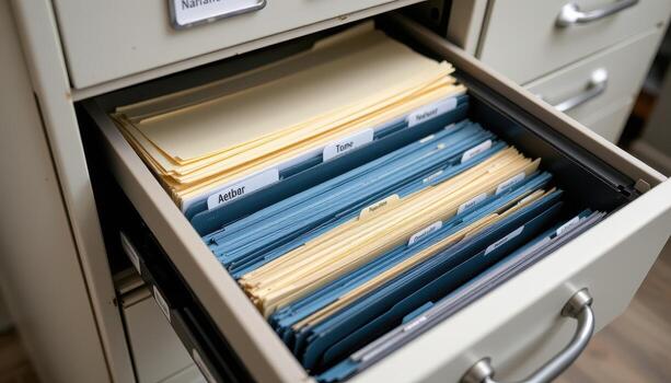 Open filing cabinet drawers present documents arranged by category and date, with labels and dividers ensuring neatness. photo