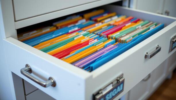 Open filing cabinet drawers reveal files aligned systematically, with clear labels, dividers, and color coded folders maintaining order. photo