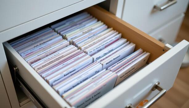 Open filing cabinet drawers contain neatly stacked documents, with dividers and labeled tabs creating a structured filing system. photo