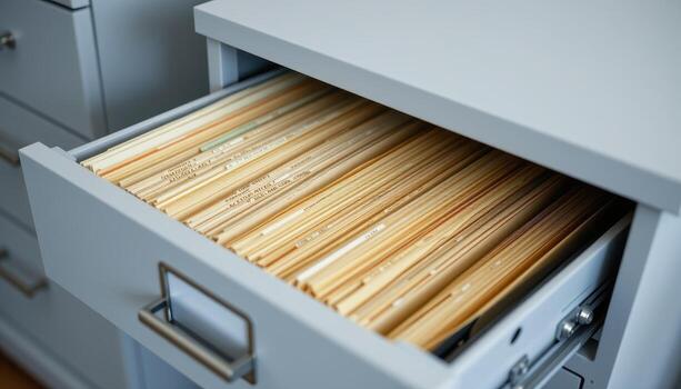Open filing cabinet drawers display neatly organized paperwork, each folder stacked evenly and labeled for effortless retrieval. photo