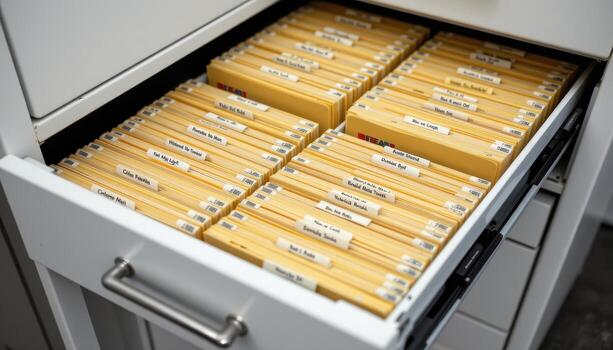 Open filing cabinet drawers showcase files stacked in orderly rows, each folder labeled and positioned for easy access. photo